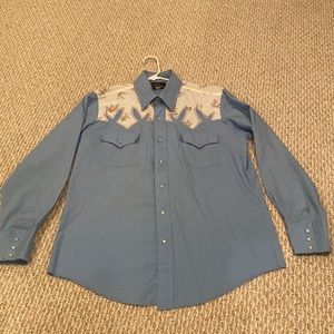 Vintage western shirt Champion Westerns pearl snaps powder blue floral 16 1/2 34